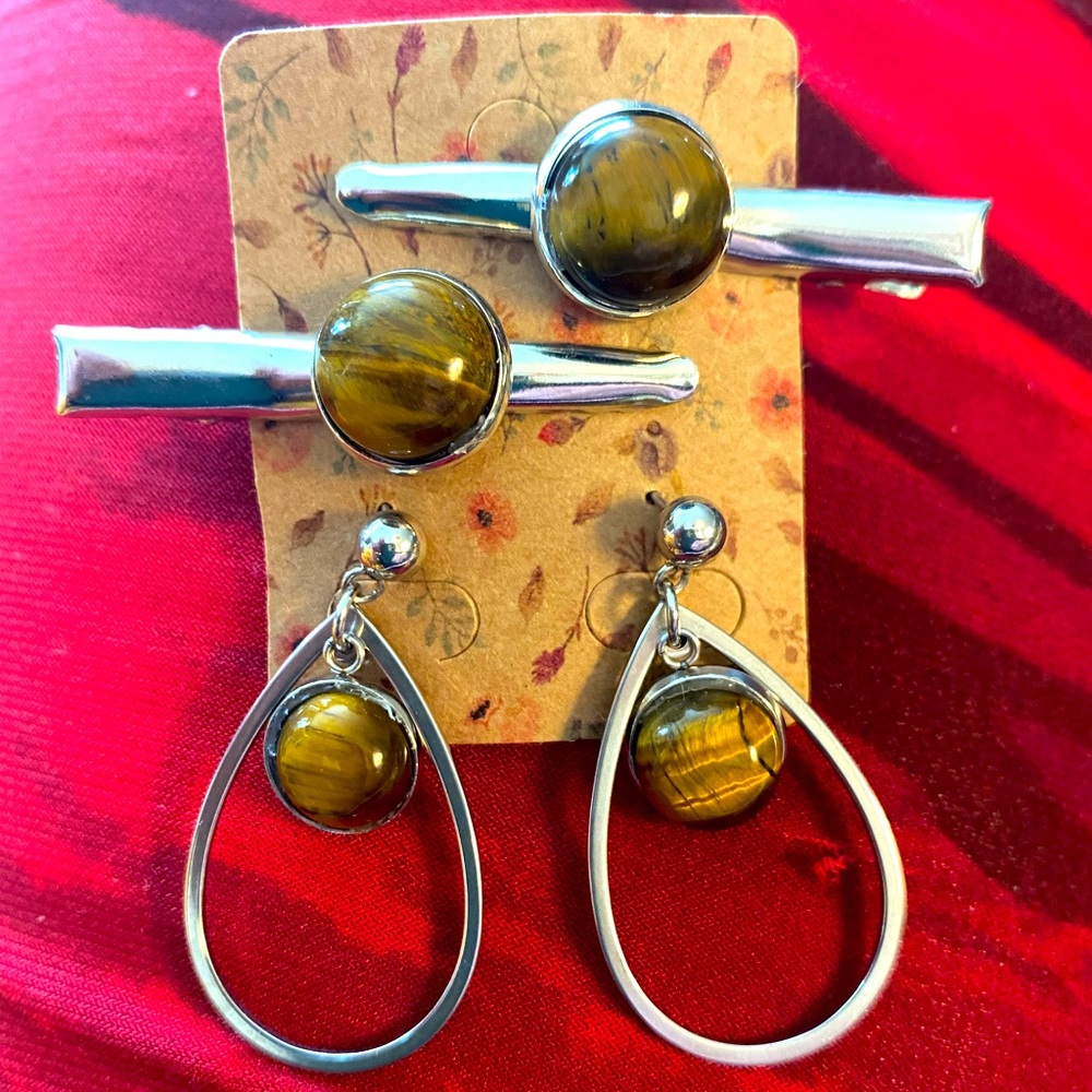 Handmade Tigers Eye Earrings and Hair Clips.